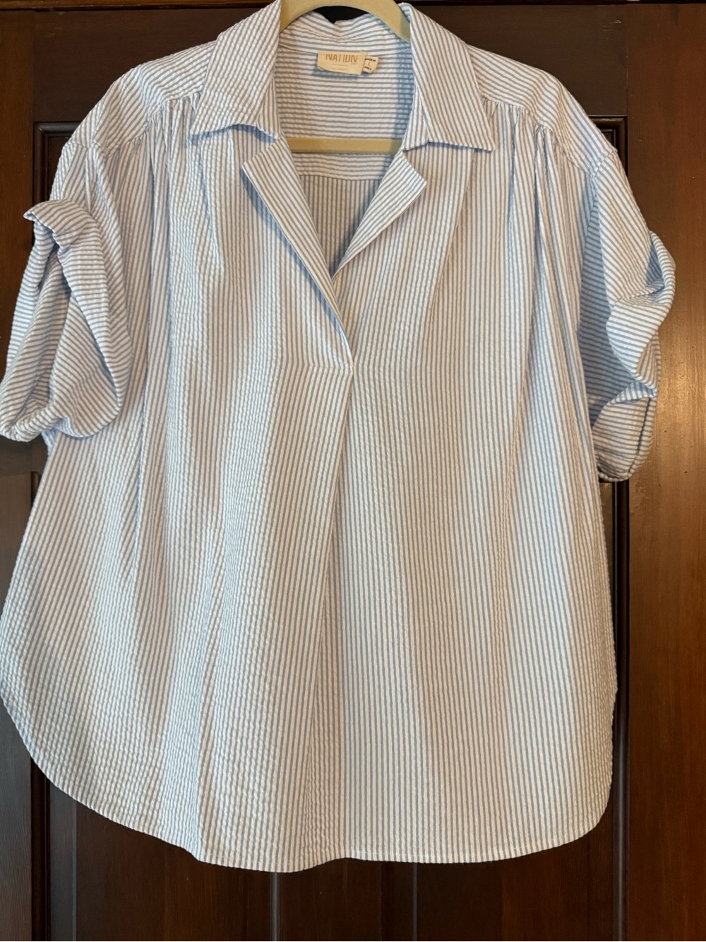 Nation LTD Light Blue and White Striped Button-Down Shirt Seersucker